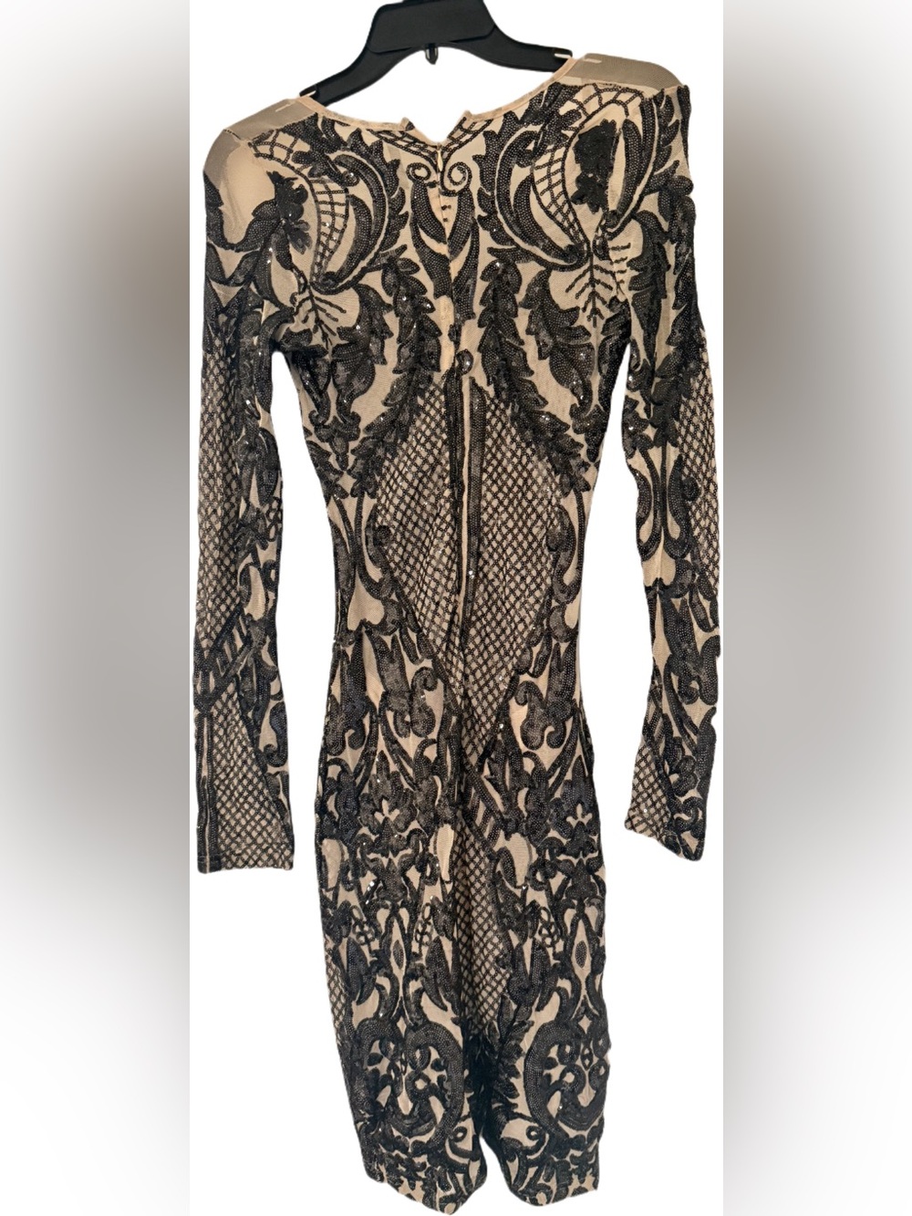 Embellished Sheer Mesh Long Sleeve Dress - Black on Nude - Picture 2 of 2